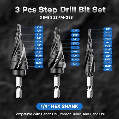 M35 Cobalt Step Drill Bit Set, 3-Piece (1/8" to 7/8"), 4-Spiral Flute with TiAlN Coating, 1/4" Hex Shank Unibit for Stainless Steel, Hard Metal, Aluminum & Plastic - size: 3-Piece (1/8" to 7/8")