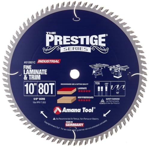 Amana Tool 610801C Carbide Tipped Prestige Fine Cut-Off and Crosscut 10 Inch D x 80T TCG, 10 Deg, 5/8 Bore Circular Saw Blade - size: 10" Dia x 80T Tcg