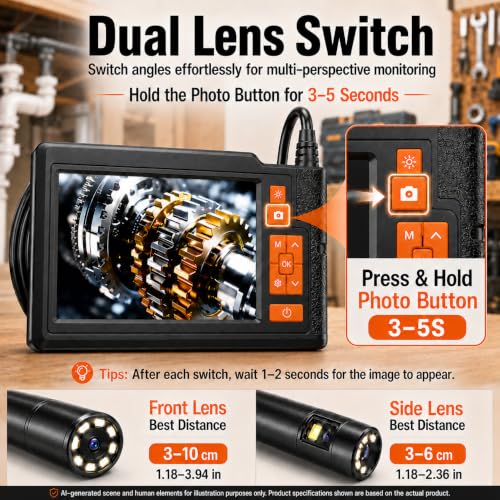Dual Lens Borescope Camera 33FT with 4.3'' HD Screen, 1080P Photo Video - size: 4.3''Dual Lens 33FT