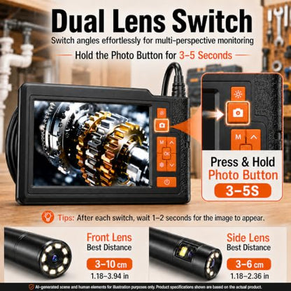 Dual Lens Borescope Camera 33FT with 4.3'' HD Screen, 1080P Photo Video - size: 4.3''Dual Lens 33FT