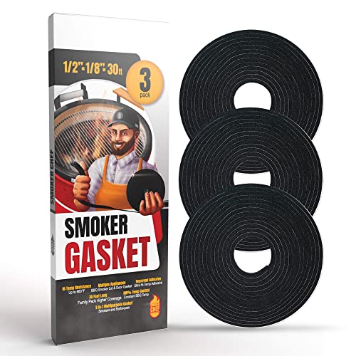 XXL 30 FT Grill Gasket for Smokers - Black 1/2’’ x 1/8’’ Hi Temp Seal Smoker Gasket – 3-Pack x 10 FT Self Stick Black Nomex Fire Tape for BBQ Lid – High Heat Temperature Material Replace - style: Universal Gasket - 30 FT