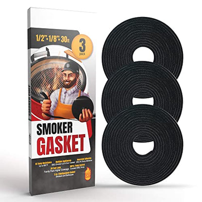 XXL 30 FT Grill Gasket for Smokers - Black 1/2’’ x 1/8’’ Hi Temp Seal Smoker Gasket – 3-Pack x 10 FT Self Stick Black Nomex Fire Tape for BBQ Lid – High Heat Temperature Material Replace - style: Universal Gasket - 30 FT