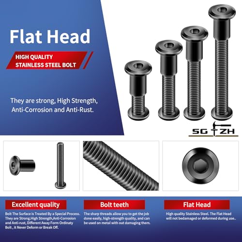 1/4-20 x 1-1/4" 20Pcs Flat Head Hex Socket Cap Screws Bolts Barrel Nuts Kit, 304 Stainless Steel 18-8, Full Thread, Black Oxide by SG TZH (with Hex Spanner) - color: Black, size: 1/4-20 x 1-1/4"