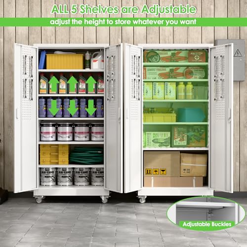 Reemoon Metal Cabinet with 5 Adjustable Shelves,casters and Door pegboard - color: White, size: 16"D x 32"W x 71"H