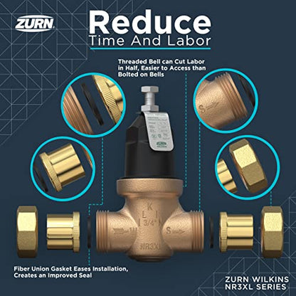 Zurn Wilkins 114-NR3XLDUC 1-1/4" NR3XL Pressure Reducing Valve with Double Union FNPT Copper Sweat Connection - size: 1.25 Inch