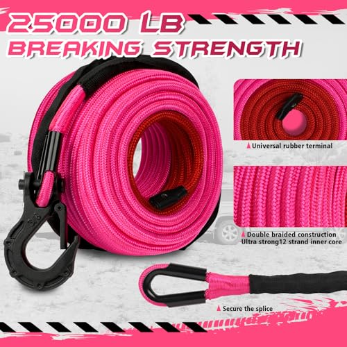 Synthetic Winch Rope, 3/8'' x 85ft 25,000LBS Double Braided Synthetic Winch Line 3/8 Winch Cable Replacement Synthetic Rope with Forged Winch Hook for 4WD Off Road Vehicle SUV Truck(Pink) - color: Pink, size: 3/8" x 85'