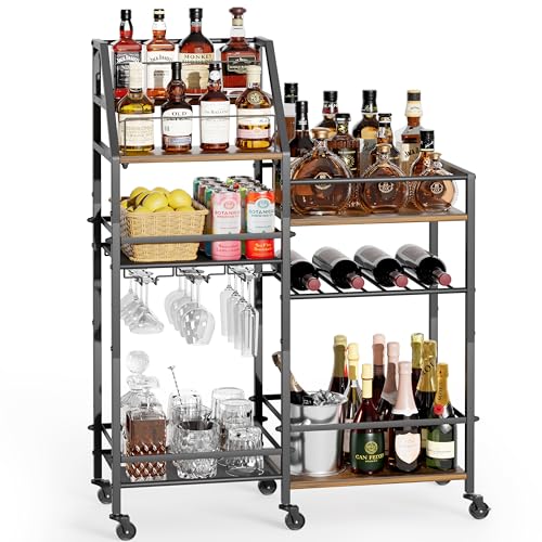 VINAEMO Rolling Bar Cart with Wine Glass Holder, Bar Carts for The Home, Bar Stand for Home, Small Mini Bar for Whiskey Wine, Liquor Cart for Home Bar, Alcohol Cabinet for Bar, Kitchen, Dining Room - color: Black & Brown