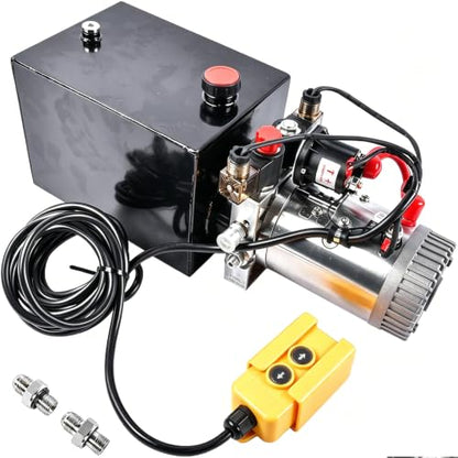 8 Quart Hydraulic Power Unit 1.6kW Power, 12V DC Double Acting Hydraulic Pump for Dump Trailer Car Lifting, Hydraulic Pump Power Unit Steel (GC01) & Aluminium Alloy with Metal Oil Reservoir - size: 8 Quart；Double Acting