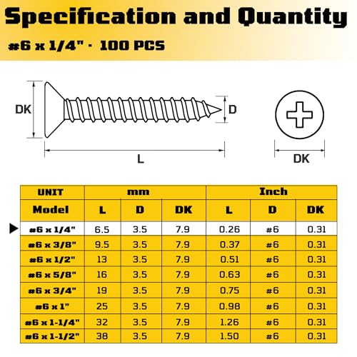 #6 x 1/4" inch Pan Head Wood Screws, 304 Stainless Steel Phillips Drywall Screws and Tapping Screws, High Hardness Screws for Drywall, Sheetrock, Wood (100 pcs) - size: #6 x 1/4"