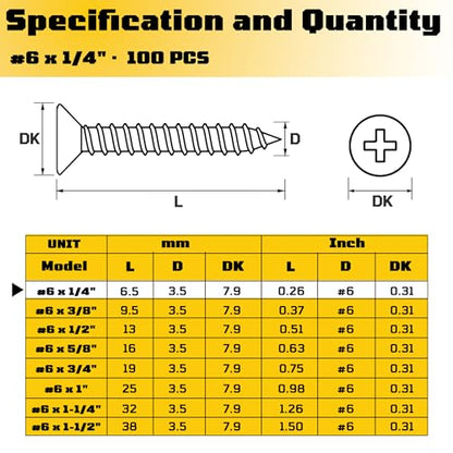 #6 x 1/4" inch Pan Head Wood Screws, 304 Stainless Steel Phillips Drywall Screws and Tapping Screws, High Hardness Screws for Drywall, Sheetrock, Wood (100 pcs) - size: #6 x 1/4"