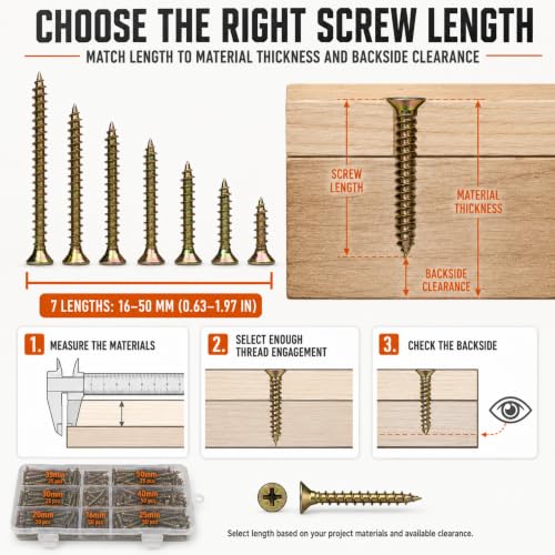 M4 Flat Head Wood Screw Assortment Kit, 250 PCS Wood Screws Assortment, 7 Lengths (16mm, 20mm, 25mm, 30mm, 35mm, 40mm, 50mm), Yellow Zinc Plated Carbon Steel, Clear Organizer Box