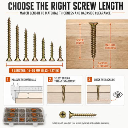 M4 Flat Head Wood Screw Assortment Kit, 250 PCS Wood Screws Assortment, 7 Lengths (16mm, 20mm, 25mm, 30mm, 35mm, 40mm, 50mm), Yellow Zinc Plated Carbon Steel, Clear Organizer Box