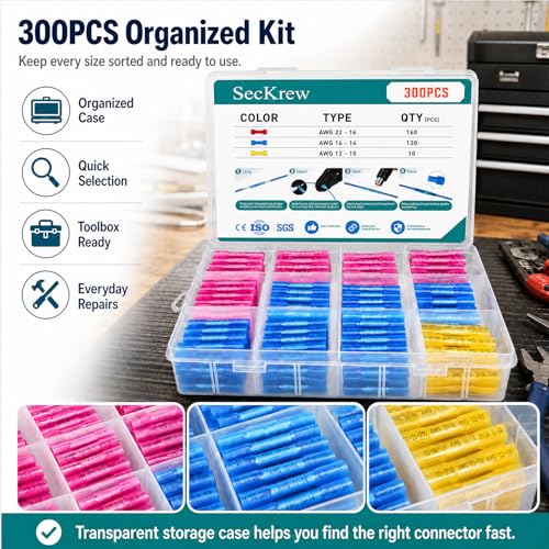 300PCS Heat Shrink Butt Wire Connectors, 22-10 AWG Insulated Waterproof Wire Electrical Connector kit，Wire Crimp Terminals Butt Splices for Marine Automotive Boat Truck Repair