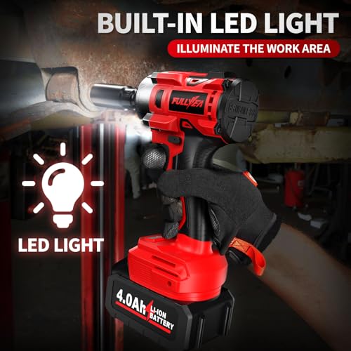 FULLYEA Cordless Impact Wrench 1/2 Inch, 406Ft-lbs (550N. M) Brushless Impact Gun Kit, 3000RPM High Torque Power Impact Wrench, 4.0Ah Battery & Fast Charger, Electric Impact Driver for Car Home