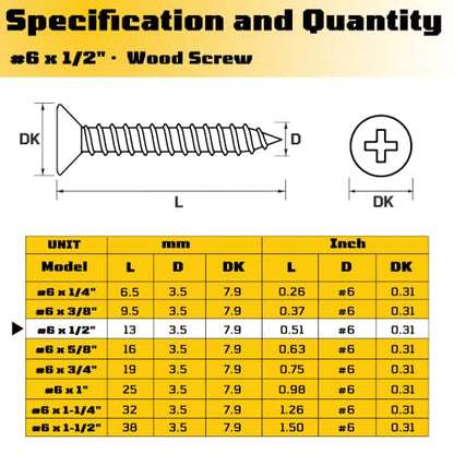 #6 x 1/2 inch Flat Head Wood Screws, 304 Stainless Steel Phillips Drywall Screws and Tapping Screws, High Hardness Screws for Drywall, Sheetrock, Wood (50 Pcs) - size: #6 x 1/2"