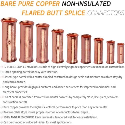 SVAAR 24-18 Gauge Flared Barrel Butt Splice Connectors Kit 100PCS 24-18 AWG Non-Insulated Butt Connectors Bare Copper Flared Compression Butt Splices Crimp Butt Terminals+100PCS 3:1 Heat Shrinks - color: Bare Copper