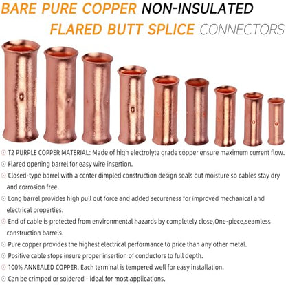 SVAAR 24-18 Gauge Flared Barrel Butt Splice Connectors Kit 100PCS 24-18 AWG Non-Insulated Butt Connectors Bare Copper Flared Compression Butt Splices Crimp Butt Terminals+100PCS 3:1 Heat Shrinks - color: Bare Copper