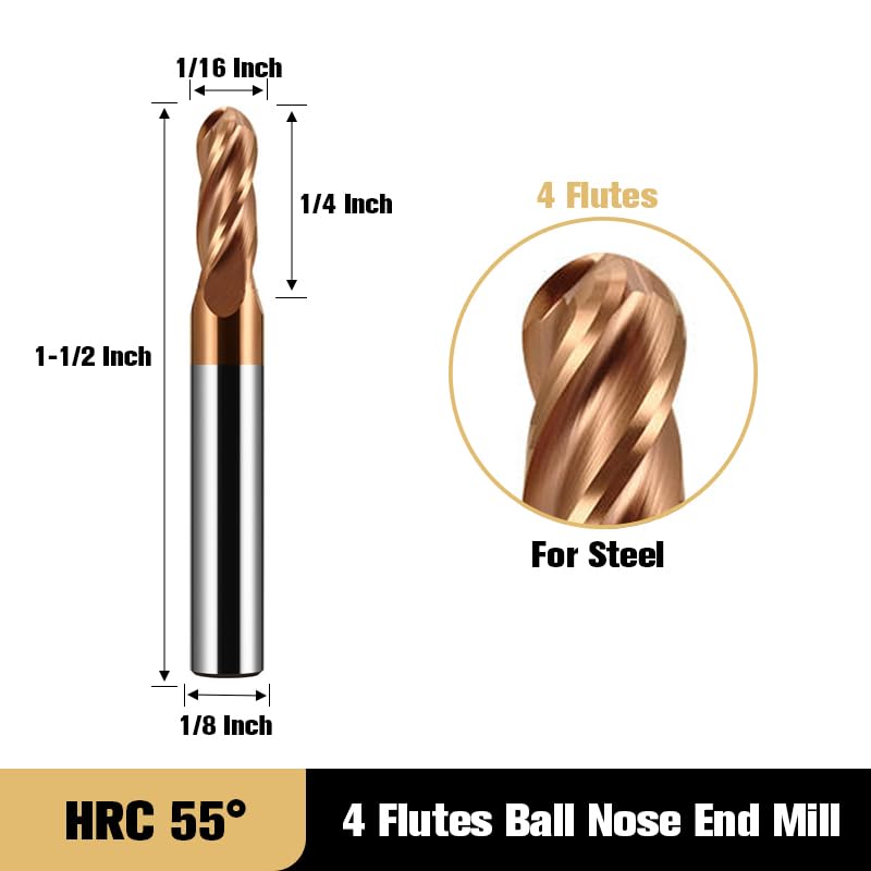 5PCS 1/16" Carbide Ball Nose end Mill Bits Set- 1/8" Shank Dia,1-1/2'' Oal - 4 Flutes TISIN Coated - for Alloy Steels, Hardened Steels - size: 1/16 in