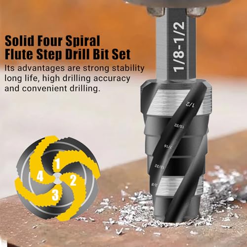 Four Spiral Flute Step Drill Bit, HSS Step Drill Bits (1/8"-1/2") - size: HSS 1 Piece (1/8"-1/2", 13 Steps)