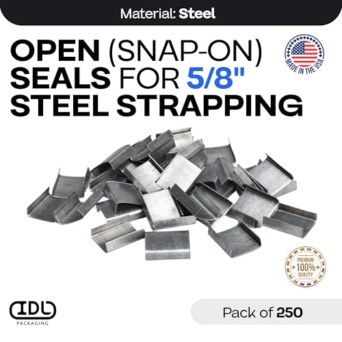 IDL Packaging 5/8" Open (Snap-On) Seals for Steel Strapping, Pack of 250 | USA-Made Sturdy Metal Clips for Securing Heavy Packaging and Pallet Banding - Superior Holding Power for Steel Banding Jobs - color: Open (Snap-On), size: 5/8"