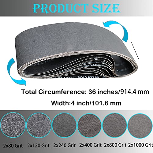 12 PCS 4 x 36 Inch Silicon Carbide Sanding Belts Assortment- 80, 120, 240, 400, 800, 1000 Grits Premium Sander Belts For Knife Sharpening and Metalworking - size: 4 x 36
