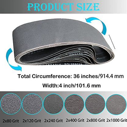12 PCS 4 x 36 Inch Silicon Carbide Sanding Belts Assortment- 80, 120, 240, 400, 800, 1000 Grits Premium Sander Belts For Knife Sharpening and Metalworking - size: 4 x 36