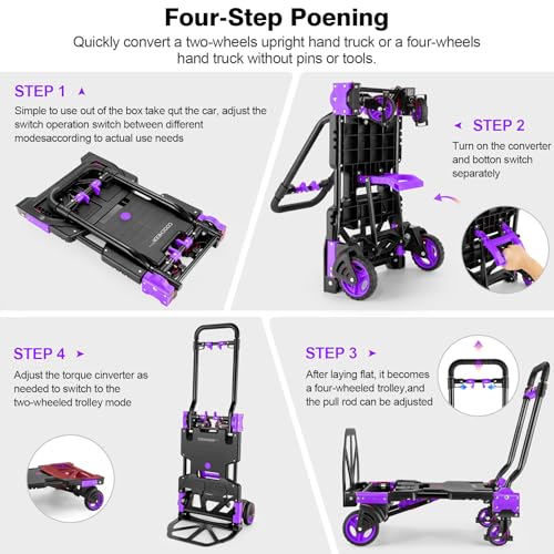 Folding Hand Truck Dolly, 330lb Convertible 4 to 2 Wheel Moving Cart,Purple - size: 330LB Purple