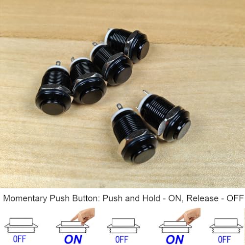 Gebildet 6pcs 12mm Momentary Push Button Raised Head Cable Aluminium Alloy 1NO 12V 24V 36V 110V 250V Waterproof IP65 Without LED (Black Shell) - color: Black-Momentary-6pcs