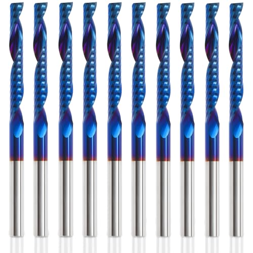 HQMaster 10 Pack O Flute CNC Router Bit 1/8” Shank Spiral Upcut Router Bit Single Flute End Mill Set Milling Cutter 1/8" Cutting Dia Tungsten Carbide Engraving Tool for MDF Acrylic PVC Wood Board