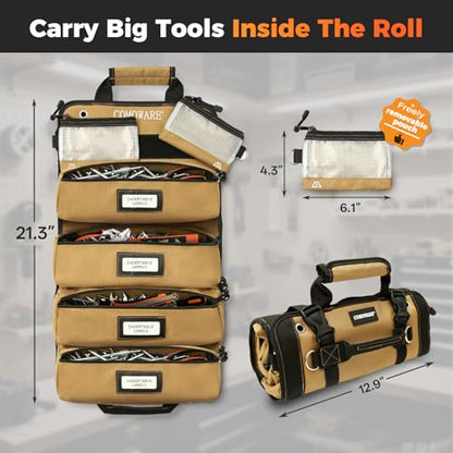 Roll Up Tool Bag, PVC Coated Tool Organizer with 4 Pockets & 2 Pouches - color: Khaki-RollUp