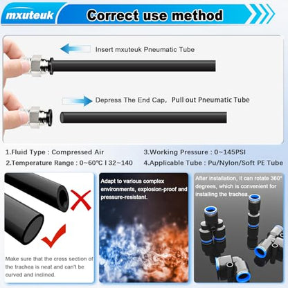 mxuteuk 1/4" Air Line Tubing Kit,1/4" Air Hose Kit,1/4 Inch(6.35mm) OD x 32.8 Feet PU Tube with Push to Connect Fittings(15PCS) - color: 1/4" Kit