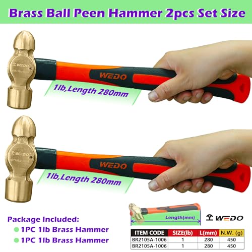 WEDO 2PCS Brass Ball Peen Hammer Set, 16 oz+16 oz(1lb+1lb), Brass Ball Pein Hammer Set with Fiberglass Handle, Die-Forged, Corrosion Resistant, DIN Standard - color: Fiberglass Handle, size: 2PCS (1lb+1lb)