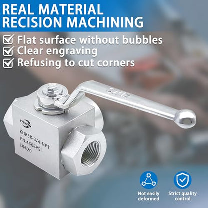 TieMin High Pressure Hydraulic Ball Valve 3/4"NPT, 3 Way Ball Valve, 3/4 Inch Hydraulic Valve 4568 PSI (315bar) Silvery. - color: 3/4" NPT, size: 3-Way