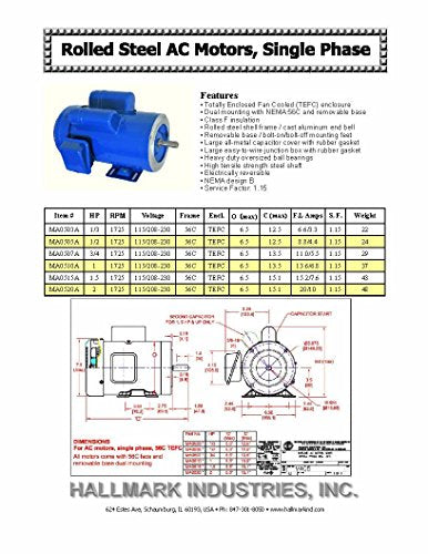 Hallmark Industries AC Motor, (1/3 HP, 1725RPM, 1 Phase, 115/230V) - size: 1/3 HP, 1725RPM, 1 phase, 115/230V