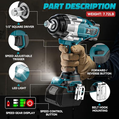 Cerycose Cordless Impact Wrench 1/2 inch Compatible with Makita 18V Battery: 1700FT-LBS High Torque Impact Wrench Heavy Duty Tool - Brushless Electric Impact Gun Includes LED Work Light with 6 Sockets - size: 1/2inch, style: Fit for Makita（include 6 Socke