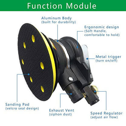 Air Random Orbital Sander, 5"6"Vacuum Air Sander, Dual Action Pneumatic Sander include5 inch 6 Inch Pads and sandpaper, Polisher for Car or Metal (Self-Vacuum)