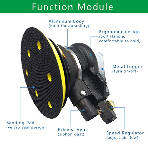 Air Random Orbital Sander, 5"6"Vacuum Air Sander, Dual Action Pneumatic Sander include5 inch 6 Inch Pads and sandpaper, Polisher for Car or Metal (Self-Vacuum)