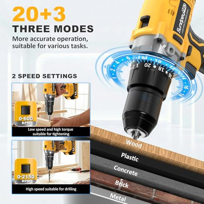 1060In·lbs 21V Brushless Cordless Electric Power Hammer Drill - color: Yellow