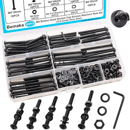 220PCS Black M4 Button Head Hex Socket Cap Screws, M4 x 30/35/40/45/50mm Metric Screws Bolts Nuts Washers Assortment Kit, 10.9 Grade Alloy Steel - color: BK-M4 x 30-50mm