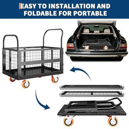 Platform Truck Cart with Cage, Multipurpose 6 in1 Foldable Flatbed Cart Heavy Duty Push Cart Dolly w/Swivel Wheels 1800Lbs Capacity Utility Hand Cart for Grocery, Laundry, Garage, Warehouse