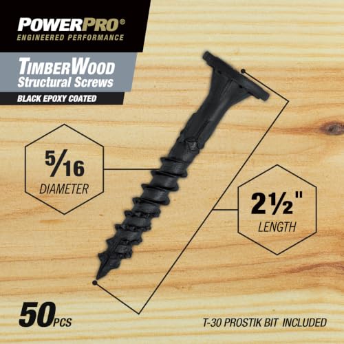 Power Pro TimberWood Structural Screws, 5/16in x 2-1/2in, 50 Pieces, Black - color: Black, size: 5/16 inch x 2-1/2 inch, style: 50pc
