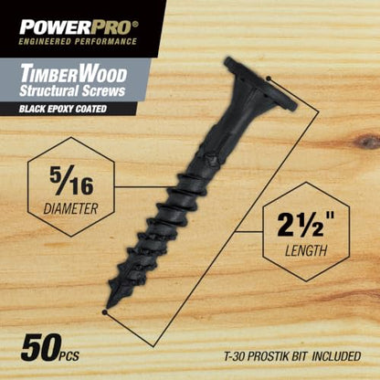 Power Pro TimberWood Structural Screws, 5/16in x 2-1/2in, 50 Pieces, Black - color: Black, size: 5/16 inch x 2-1/2 inch, style: 50pc