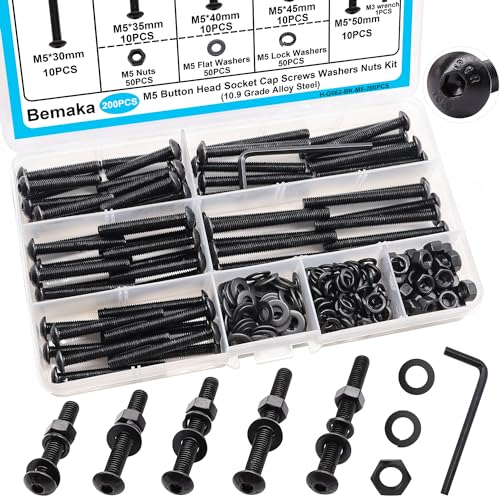200PCS Black M5 Button Head Hex Socket Cap Screws, M5 x 30/35/40/45/50mm Metric Screws Bolts Nuts Washers Assortment Kit, 10.9 Grade Alloy Steel - color: BK-M5 x 30-50mm