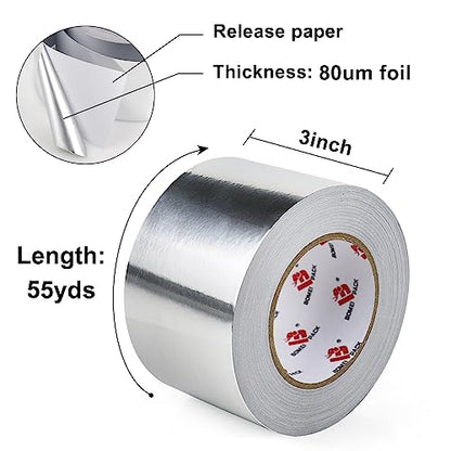 BOMEI PACK Aluminum Foil Tape,Heavy Duty Metal Duct Tape,High Temperature Silver Tape,Perfect for Sealing & Patching,HVAC,Air Ducts,Insulation and Metal Repair (3 Inch) - size: 3 Inch x 55 yards