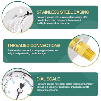 0-300PSI Panel Mount Front Flanged Glycerin Filled Pressure Gauge, 2.5" Dial Size, 1/4" MNPT Back Mount, Stainless Steel Case, with Phillips Screw and Nut, for Water, Gas, Liquid Pressure - color: Liquid Filled - Stainless Steel Case, size: 0-300PSI