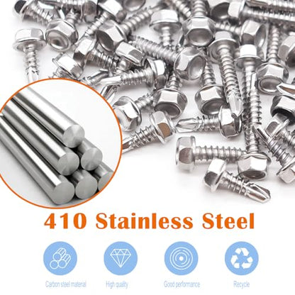 weideer 200pcs #8×3/4" Self Tapping Screws for Metal, 410 Stainless Steel Hex Washer Head Sheet Metal Screws,Quick Tapping Screw with Screwdriver Bit