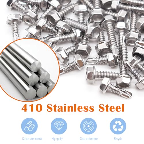 weideer 200pcs #8×3/4" Self Tapping Screws for Metal, 410 Stainless Steel Hex Washer Head Sheet Metal Screws,Quick Tapping Screw with Screwdriver Bit