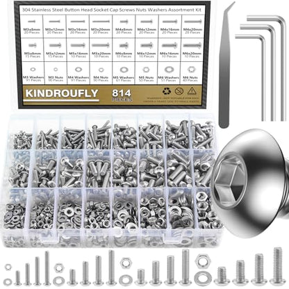 814 Pieces Button Head Socket Cap Screws Nuts Washers Kit, Kindroufly M3 M4 M5 M6 Screw Assortment Kit, Metric Screw Set, Bolts and Nuts, Machine Screws, 304 Stainless Steel, Fully Machine Thread - size: M3/M4/M5/M6, style: Button Head