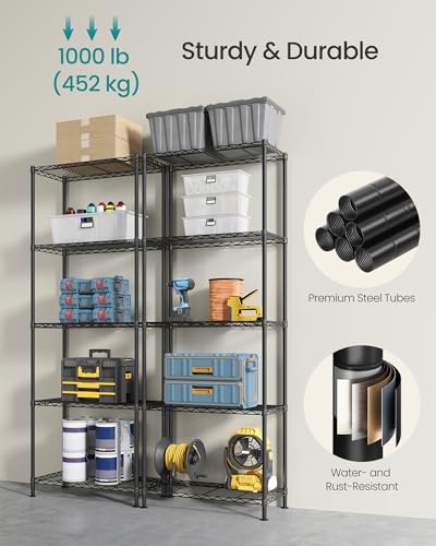 SONGMICS 5-Tier Storage Shelves, Adjustable Wire Shelving Unit, 8 Hooks - color: Ink Black, size: 5 Tiers (11.8"D x 23.6"W)