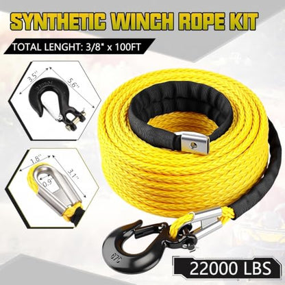 Marsui 3/8" x 100 ft Synthetic Winch Rope Cable Kit, 22000lbs, Yellow - color: Yellow, size: 3/8" X 100 ft